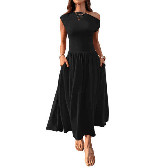 Women'S Summer 2025 Sleeveless Maxi Dress One Shoulder Casual Slim Swing Pleated Formal Dresses with Pockets Black S