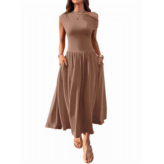 Women'S Summer 2025 Sleeveless Maxi Dress One Shoulder Casual Slim Swing Pleated Formal Dresses with Pockets Coffee Color L