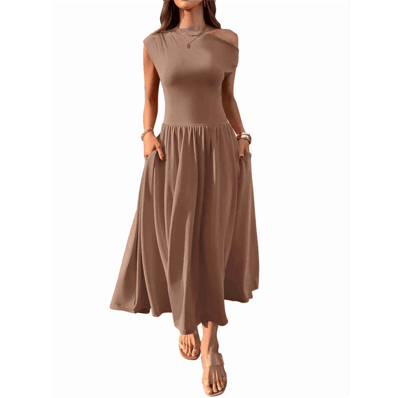 Women'S Summer 2025 Sleeveless Maxi Dress One Shoulder Casual Slim Swing Pleated Formal Dresses with Pockets Coffee Color XL