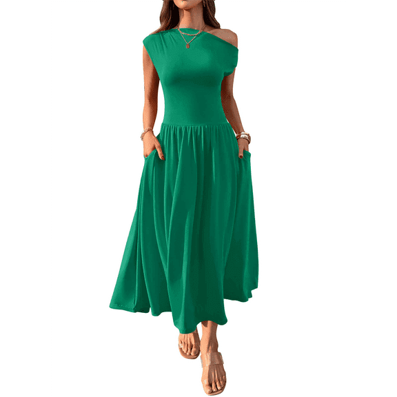 Women'S Summer 2025 Sleeveless Maxi Dress One Shoulder Casual Slim Swing Pleated Formal Dresses with Pockets Green Green XL