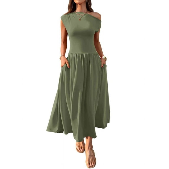 Women'S Summer 2025 Sleeveless Maxi Dress One Shoulder Casual Slim Swing Pleated Formal Dresses with Pockets Green S