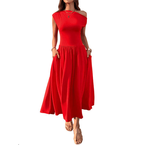 Women'S Summer 2025 Sleeveless Maxi Dress One Shoulder Casual Slim Swing Pleated Formal Dresses with Pockets Red XL