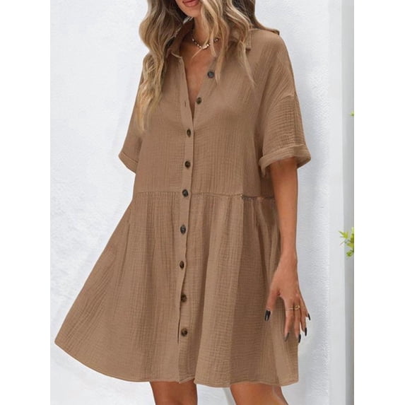 Women'S Summer Babydoll Dress Casual Short Sleeve Sundress Button Down Dresses Light Brown XL