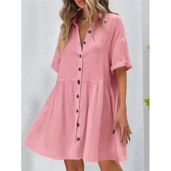Women'S Summer Babydoll Dress Casual Short Sleeve Sundress Button Down Dresses Pink L