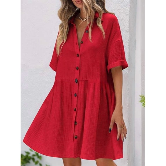Women'S Summer Babydoll Dress Casual Short Sleeve Sundress Button Down Dresses Red M