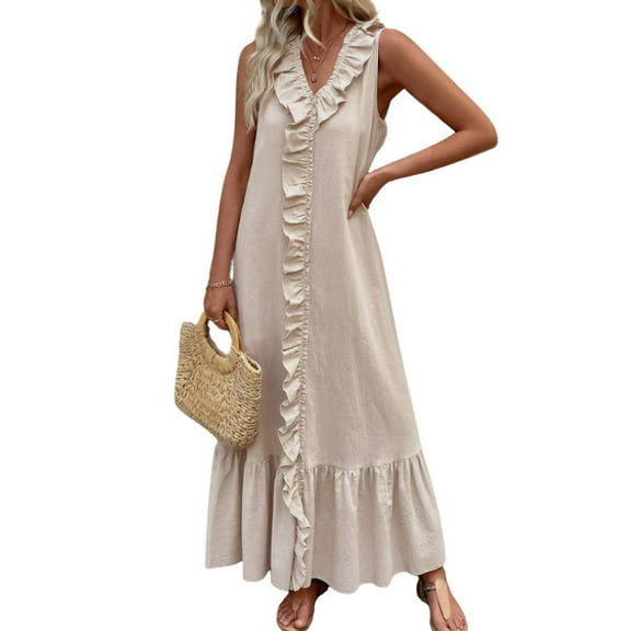 Women'S Summer Beach Cotton Tank Dress Linen Boho Sleeveless Tiered Ruffle Maxi Long Sundress Apricot XL