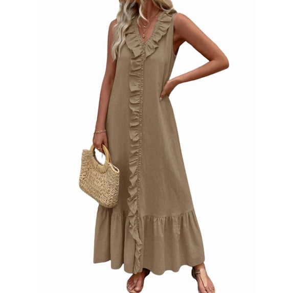 Women'S Summer Beach Cotton Tank Dress Linen Boho Sleeveless Tiered Ruffle Maxi Long Sundress Dark Brown M