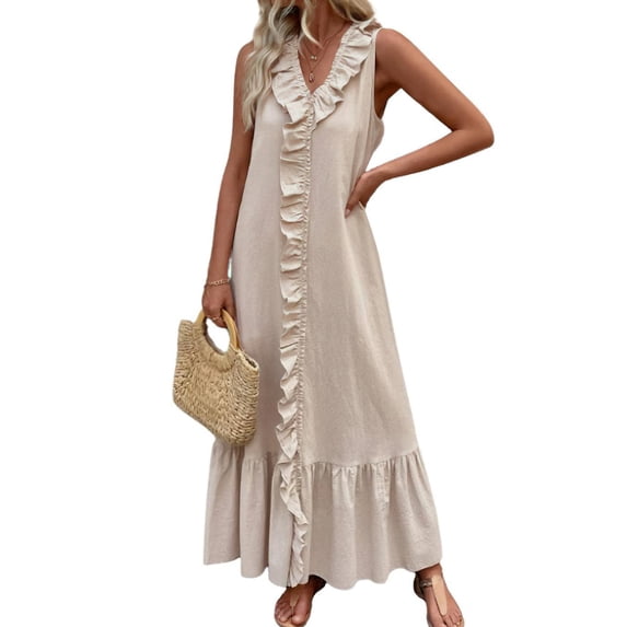 Women'S Summer Beach Cotton Tank Dress Linen Boho Sleeveless Tiered Ruffle Maxi Long Sundress L