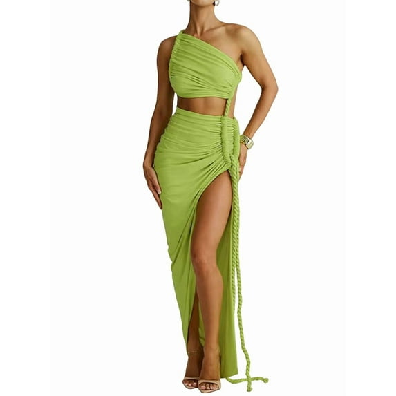 Women'S Summer Beach Sexy- Asymmetrical High Slit Night Out Dress Sets Green S