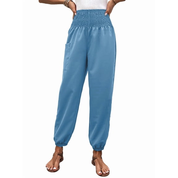 Women'S Summer Bohemian Business Casual Pleated Workwear Elastic High-Waist Wide-Leg Cropped Pants with Pockets Blue M