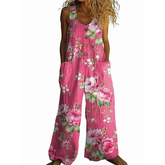 Women'S Summer Boho Casual Jumpsuits Wide Leg Overalls Floral Print Baggy Rompers with Pockets Figure 1 M