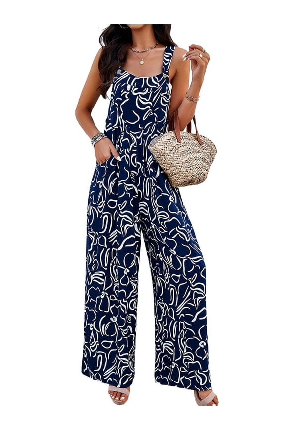 Mawalde Women'S Summer Boho Casual Jumpsuits Wide Leg Overalls Floral Print Baggy Rompers with Pockets Navy Blue S