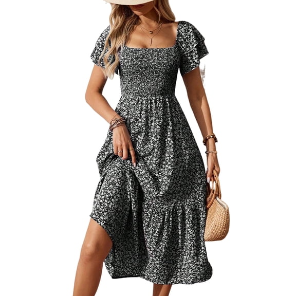 Women'S Summer Boho Floral Midi Dress Casual Short Sleeve Square Neck Flowy Beach Vacation Long Dress Black XL