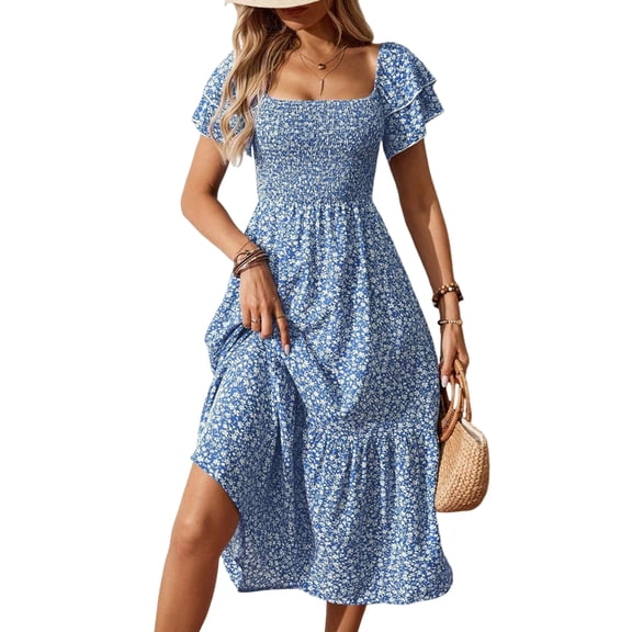 Women'S Summer Boho Floral Midi Dress Casual Short Sleeve Square Neck Flowy Beach Vacation Long Dress Blue L