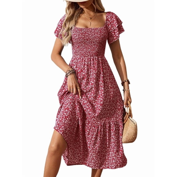 Women'S Summer Boho Floral Midi Dress Casual Short Sleeve Square Neck Flowy Beach Vacation Long Dress Red M