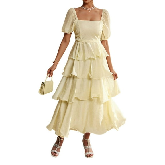 Women'S Summer Boho Maxi Dress Short Puff Sleeve Flowy A Line Tiered Beach Vacation Long Dresses Light Yellow S