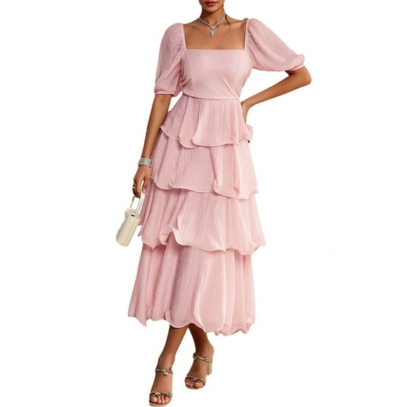 Women'S Summer Boho Maxi Dress Short Puff Sleeve Flowy A Line Tiered Beach Vacation Long Dresses Pink L