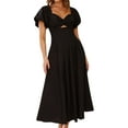 thumbnail image 1 of Women'S Summer Boho Maxi Dress V-Neck Cute Bubble Short Sleeve A-Line Long Dress with Pocket Black XL, 1 of 10