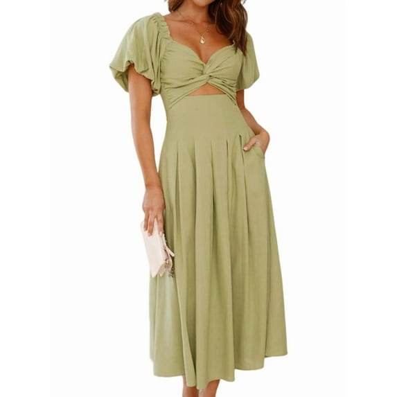 Women'S Summer Boho Maxi Dress V-Neck Cute Bubble Short Sleeve A-Line Long Dress with Pocket Green L