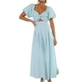 thumbnail image 1 of Women'S Summer Boho Maxi Dress V-Neck Cute Bubble Short Sleeve A-Line Long Dress with Pocket Sky Blue S, 1 of 10