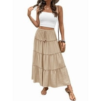 Women'S Summer Boho Maxi Skirt Flowy Ruffle A-Line Elastic High Waist Pleated Tiered Beach Long Skirts Khaki S