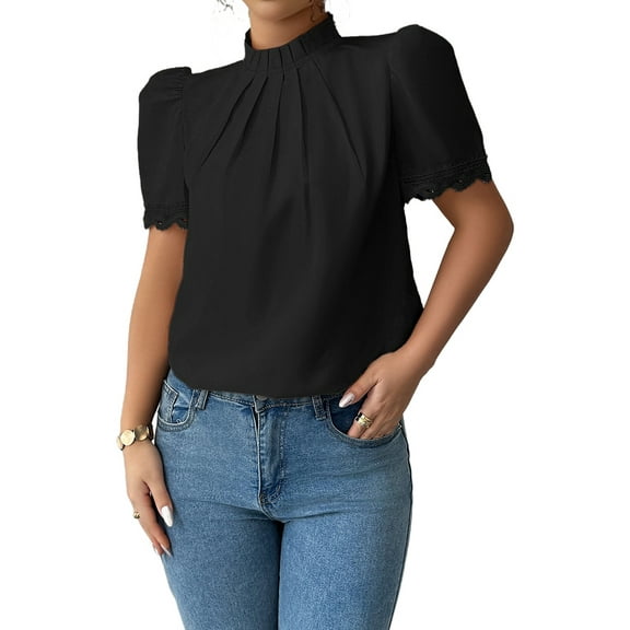 Women'S Summer Boho Shirt Short Sleeve Frill Trim Mock Neck Floral Solid 2025 Casual Blouses Shirts Tops Black S