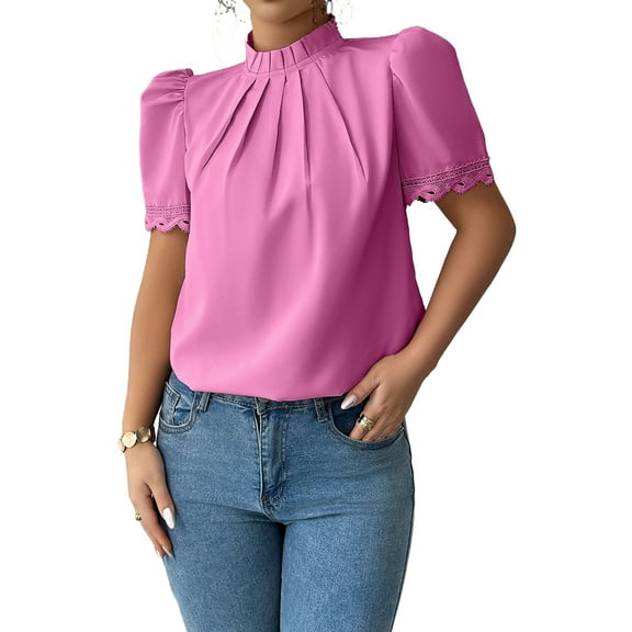 Women'S Summer Boho Shirt Short Sleeve Frill Trim Mock Neck Floral Solid 2025 Casual Blouses Shirts Tops Pink M