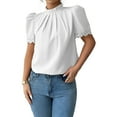 thumbnail image 1 of Women'S Summer Boho Shirt Short Sleeve Frill Trim Mock Neck Floral Solid 2025 Casual Blouses Shirts Tops White S, 1 of 8