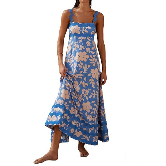 Women'S Summer Boho Spaghetti Strap Square Neck Ruffle Casual Flowy Long Dress Beach Swing Party Maxi Dress Flowers M