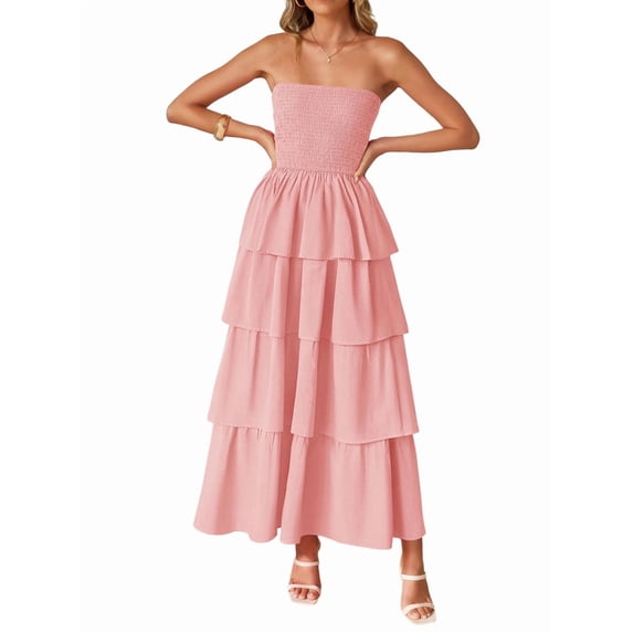Women'S Summer Boho Strapless Maxi Dress Casual Sleeveless Off Shoulder Beach Long Sundress Pink XL