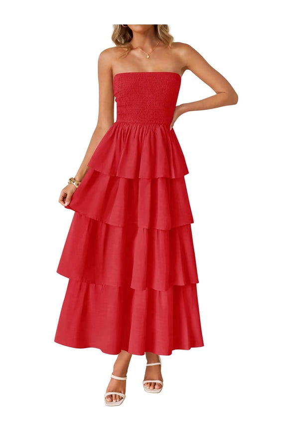 Women'S Summer Boho Strapless Maxi Dress Casual Sleeveless Off Shoulder Beach Long Sundress Red XXL