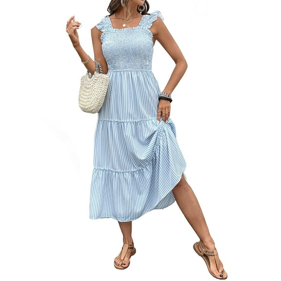 Women'S Summer Boho Striped Beach Dress Flounce Spaghetti Strap Flowy Swing Long Smocked Dress Light Blue XL