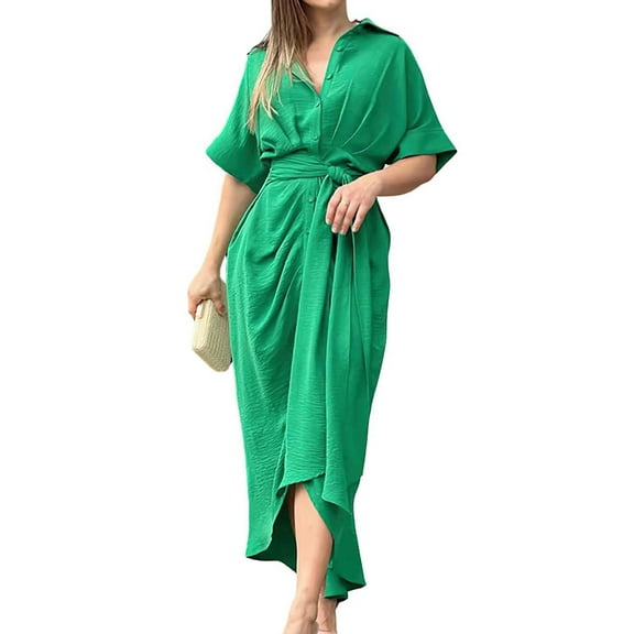 Women'S Summer Button Down Ruched Shirt Dresses Short Sleeve Lapel V Neck Party High Waisted Maxi Dress Green XL