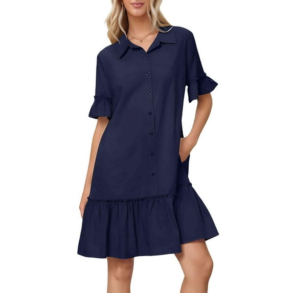 Women'S Summer Button Down Shirt Dress Casual Ruffle Sleeve Shift Mini Dresses with Pockets Navy Blue S