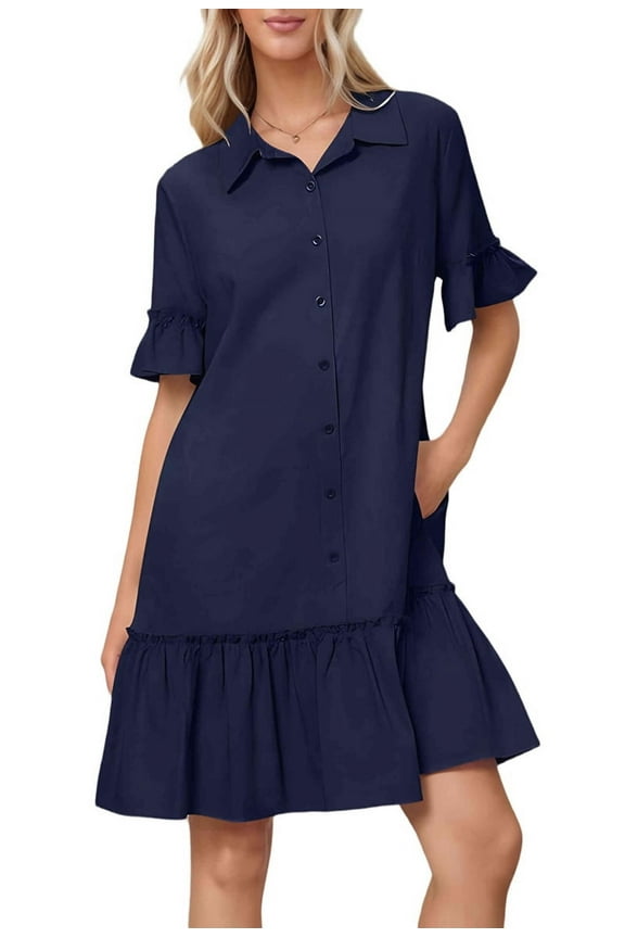 Women'S Summer Button Down Shirt Dress Casual Ruffle Sleeve Shift Mini Dresses with Pockets Navy Blue XL