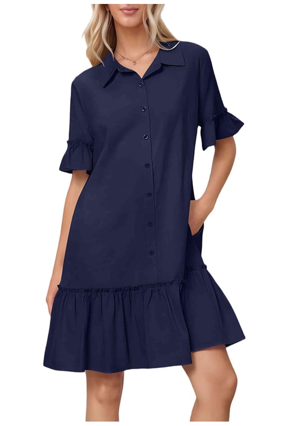 Women'S Summer Button Down Shirt Dress Casual Ruffle Sleeve Shift Mini Dresses with Pockets Navy Blue XXL