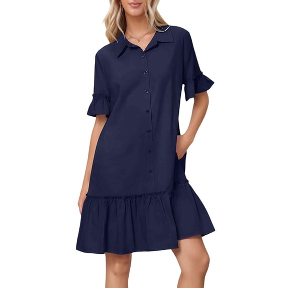 Women'S Summer Button Down Shirt Dress Casual Ruffle Sleeve Shift Mini Dresses with Pockets Navy Blue XXL