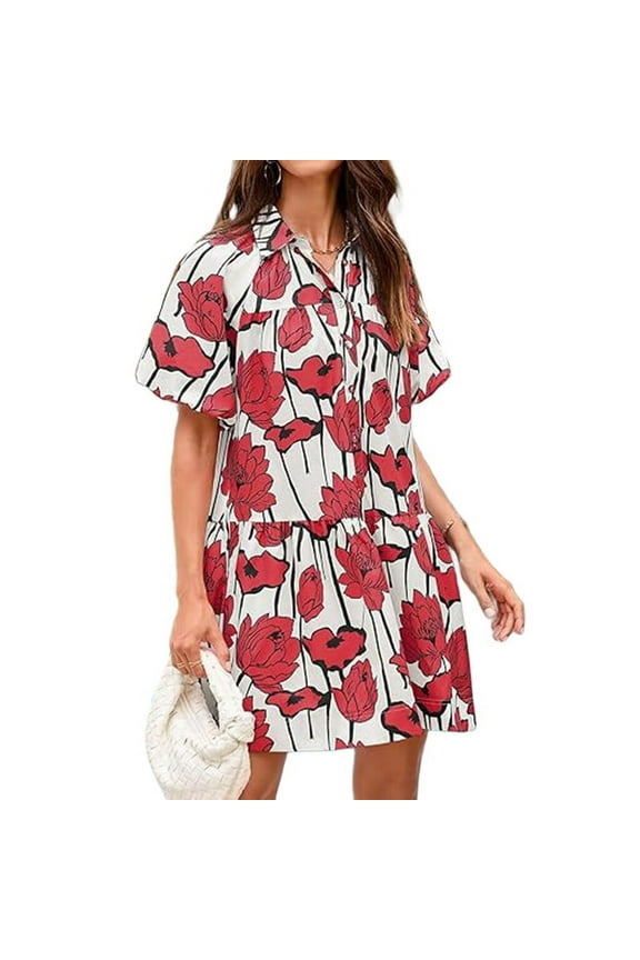 Women'S Summer Button Down Shirt Dress Floral Puff Short Sleeve Casual Loose Fit Beach Mini Dresses Red XL