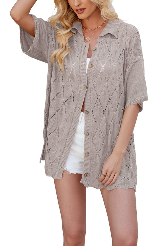 Mawalde Women'S Summer Cable Knit Cropped Button Down Collar Sweater Shirts Coffee Color S