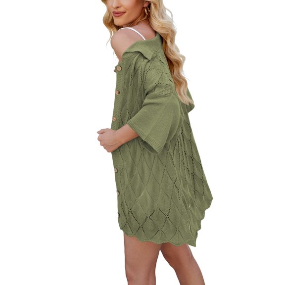 Gdvsclr Women'S Summer Cable Knit Cropped Button Down Collar Sweater Shirts Green XL