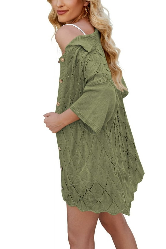 Women'S Summer Cable Knit Cropped Button Down Collar Sweater Shirts Green XL