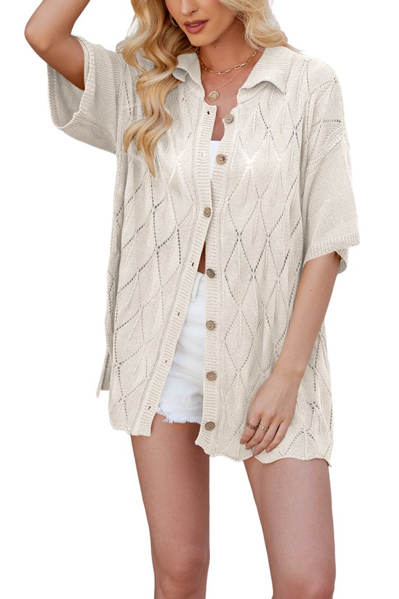 Gdvsclr Women'S Summer Cable Knit Cropped Button Down Collar Sweater Shirts S