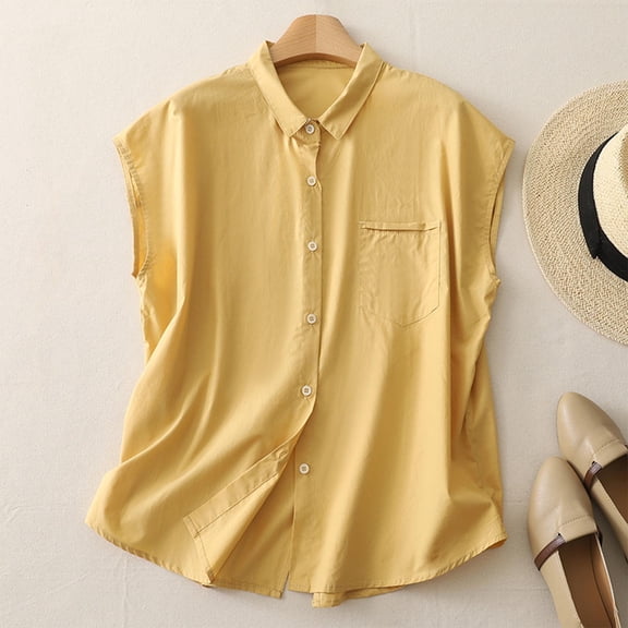 Women'S Summer Camisole Fashion Tank Tops Imitation Linen Solid Color Pocket Button Sleeveless Turndown Collar Loose Fit Tank Tops — Yellow∣XL