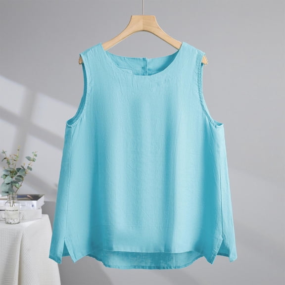 Women'S Summer Camisole Fashion Tank Tops Solid Color Imitation And Linen Hem Slit Round Neck Button Padded Tank Tops — Blue∣2XL