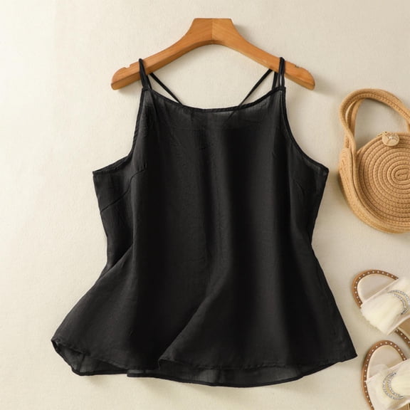 Women'S Summer Camisole Fashion Tank Tops Solid Color Lace Patchworks And Linen Sleeveless Round-Neck Loose Fit Tank Tops — Black∣XL