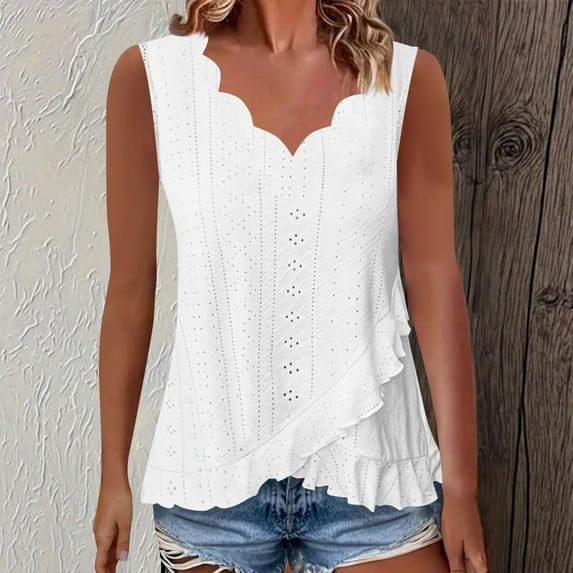 Women'S Summer Camisole Fashion Tank Tops Splicing V-Neck Hem Ruffle Laces Casual Loose Sleevelesss Athletic Tank Top — White∣L