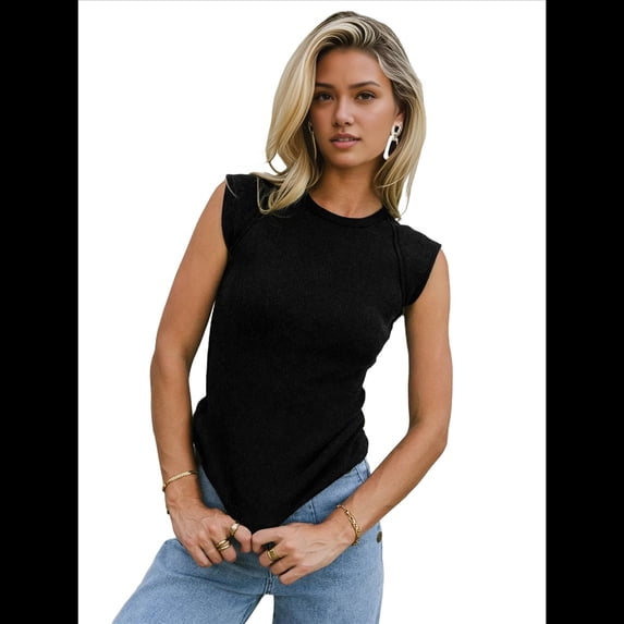 Women'S Summer Cap Sleeve Slim Fitted Knit Basic Casual Ribbed Tank Tops Black XL