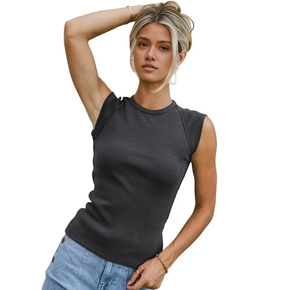 Women'S Summer Cap Sleeve Slim Fitted Knit Basic Casual Ribbed Tank Tops Dark Gray XL