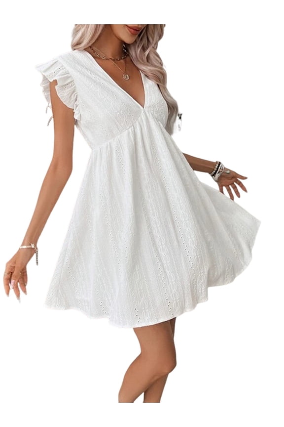 Women'S Summer Casual Babydoll Mini Dress Ruffle Sleeveless Deep V Neck High Waist Swing Tunic Dress White S