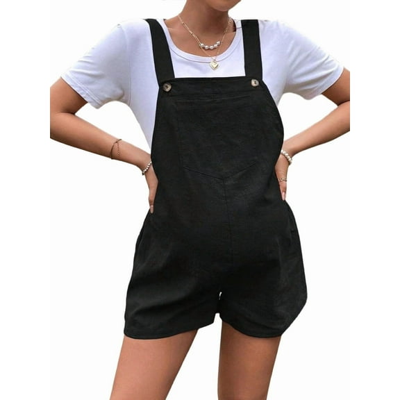 Women'S Summer Casual Bib Short Overalls Loose Linen Jumpsuit Beach Outfits Travel Vacation Clothes Black XL
